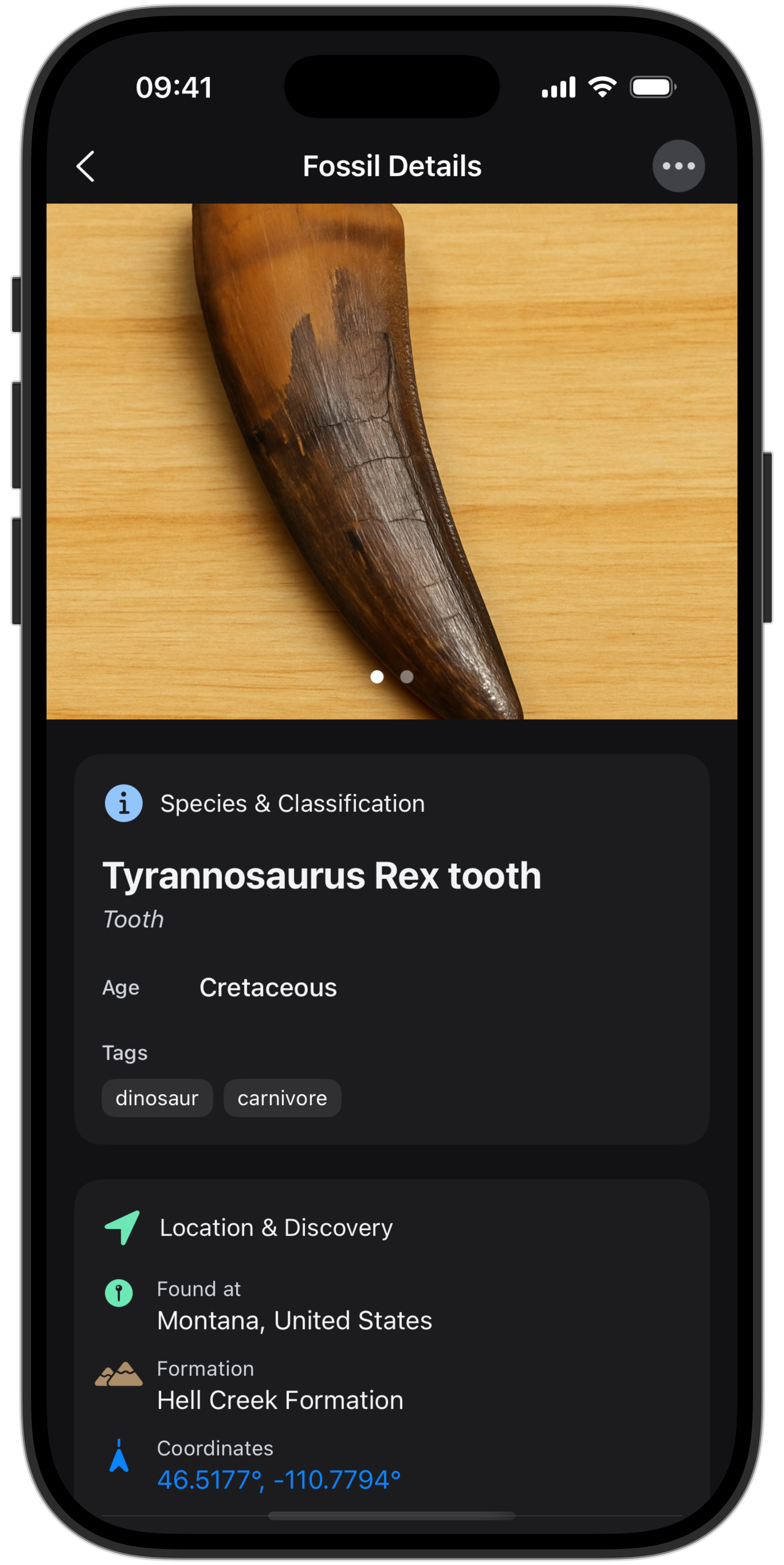 Fossil Vault app detail screen showing fossil information