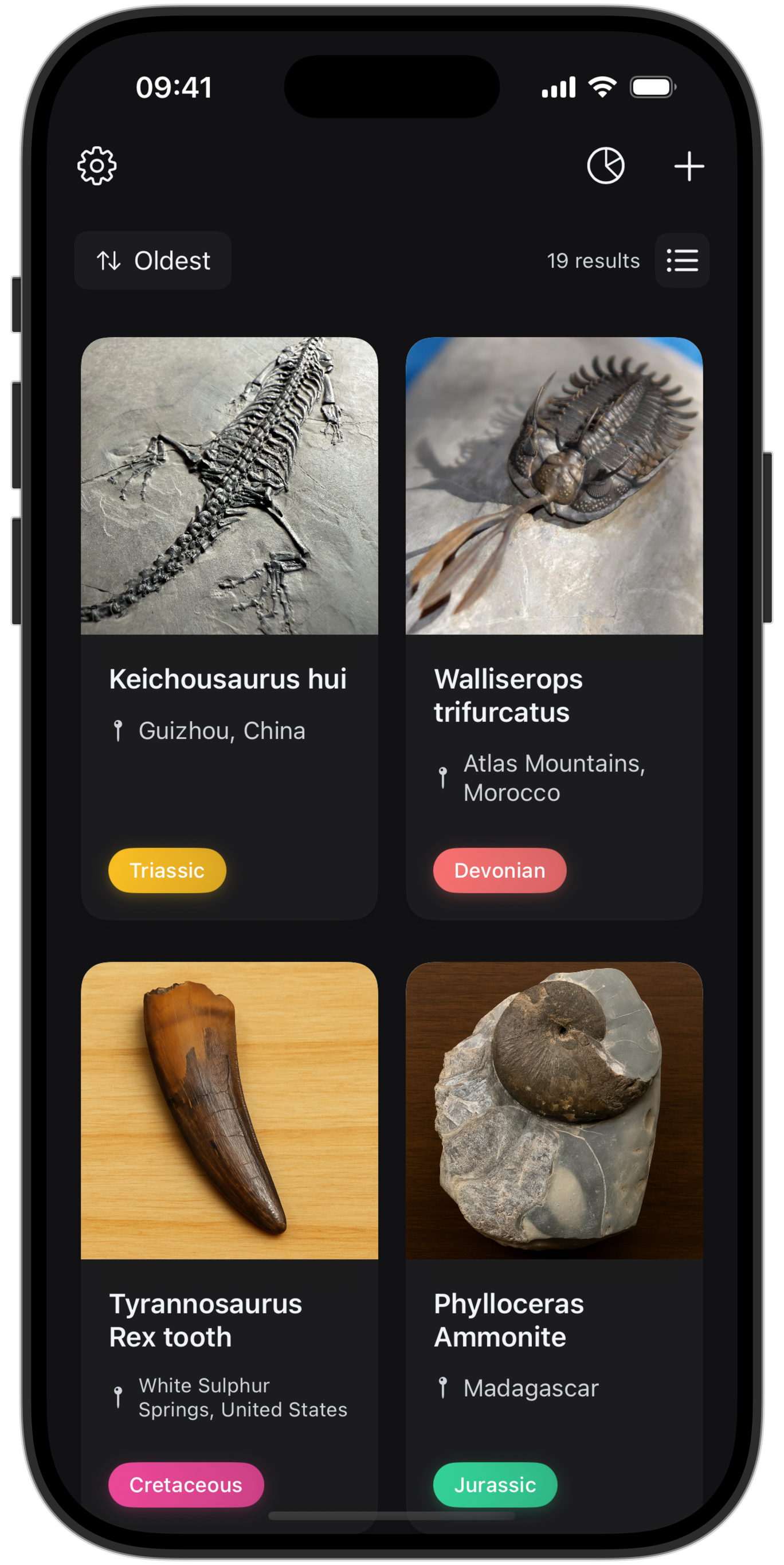 Fossil Vault app home screen showing fossil collection