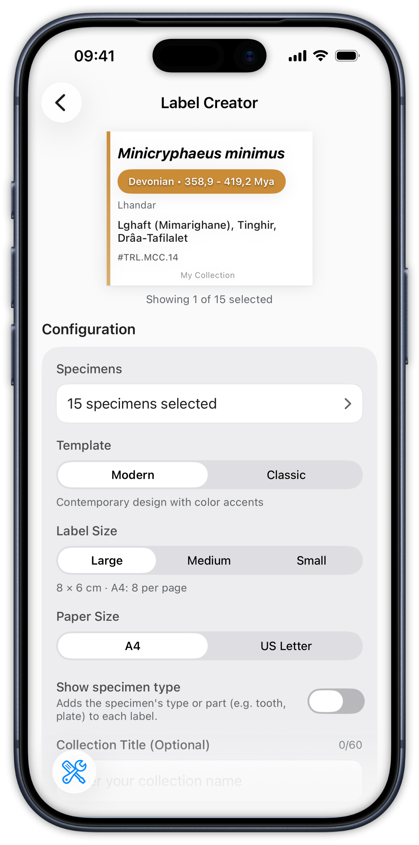 Label Creator — template, label size, and paper size configuration with live preview