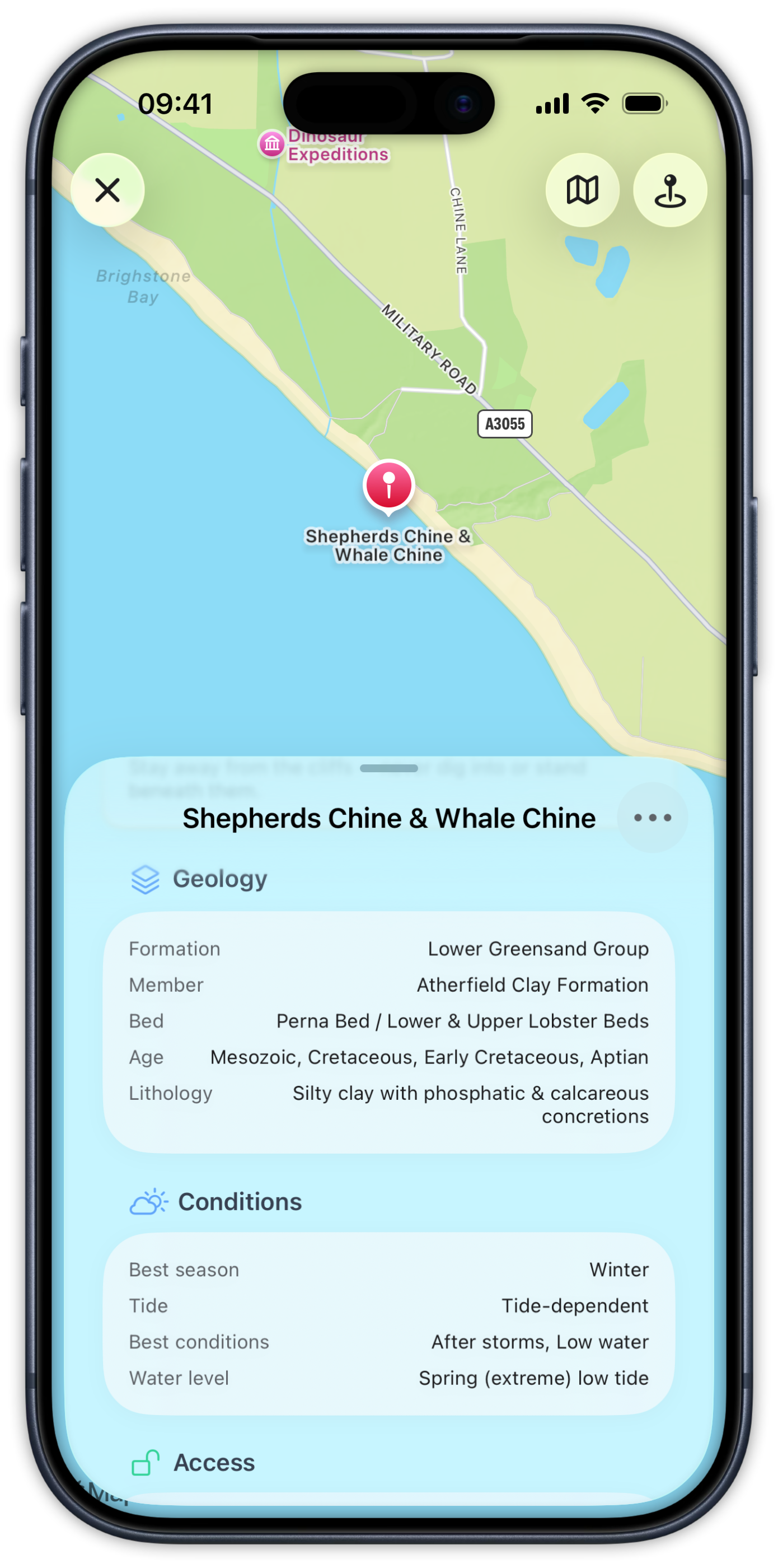 Locality — map with geology (formation, member, bed) and conditions