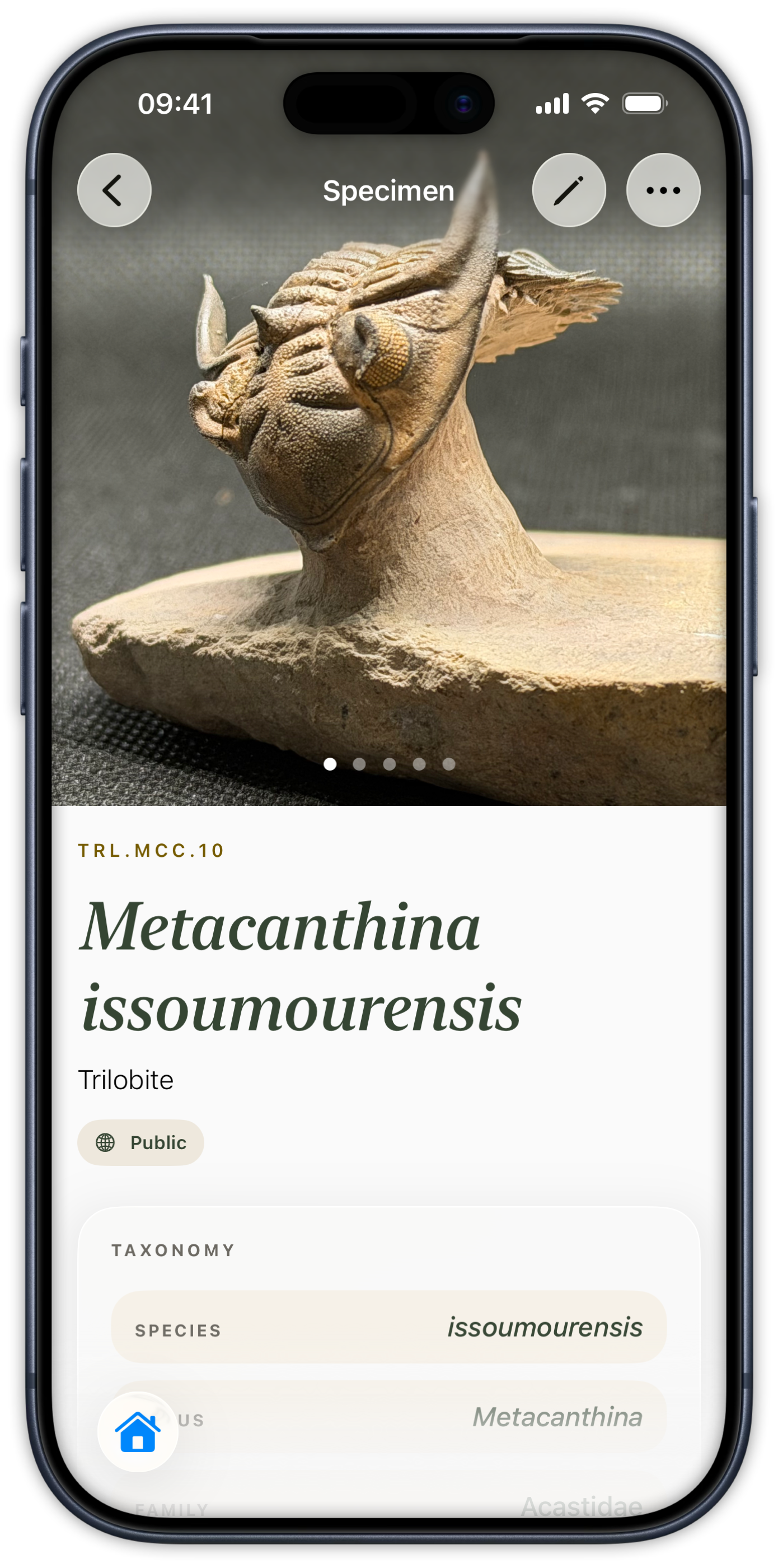 Specimen details screen with photo and taxonomy