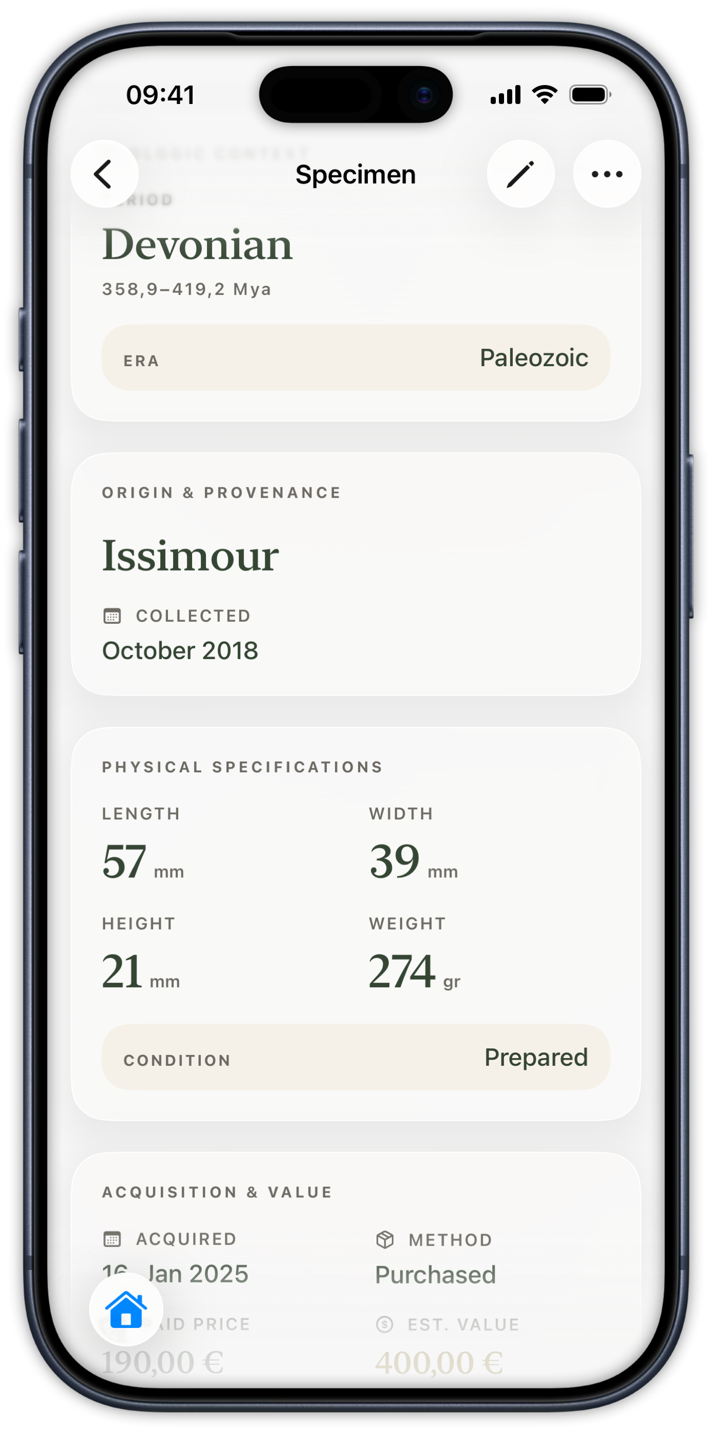 Specimen record — acquisition, physical properties, value, and storage