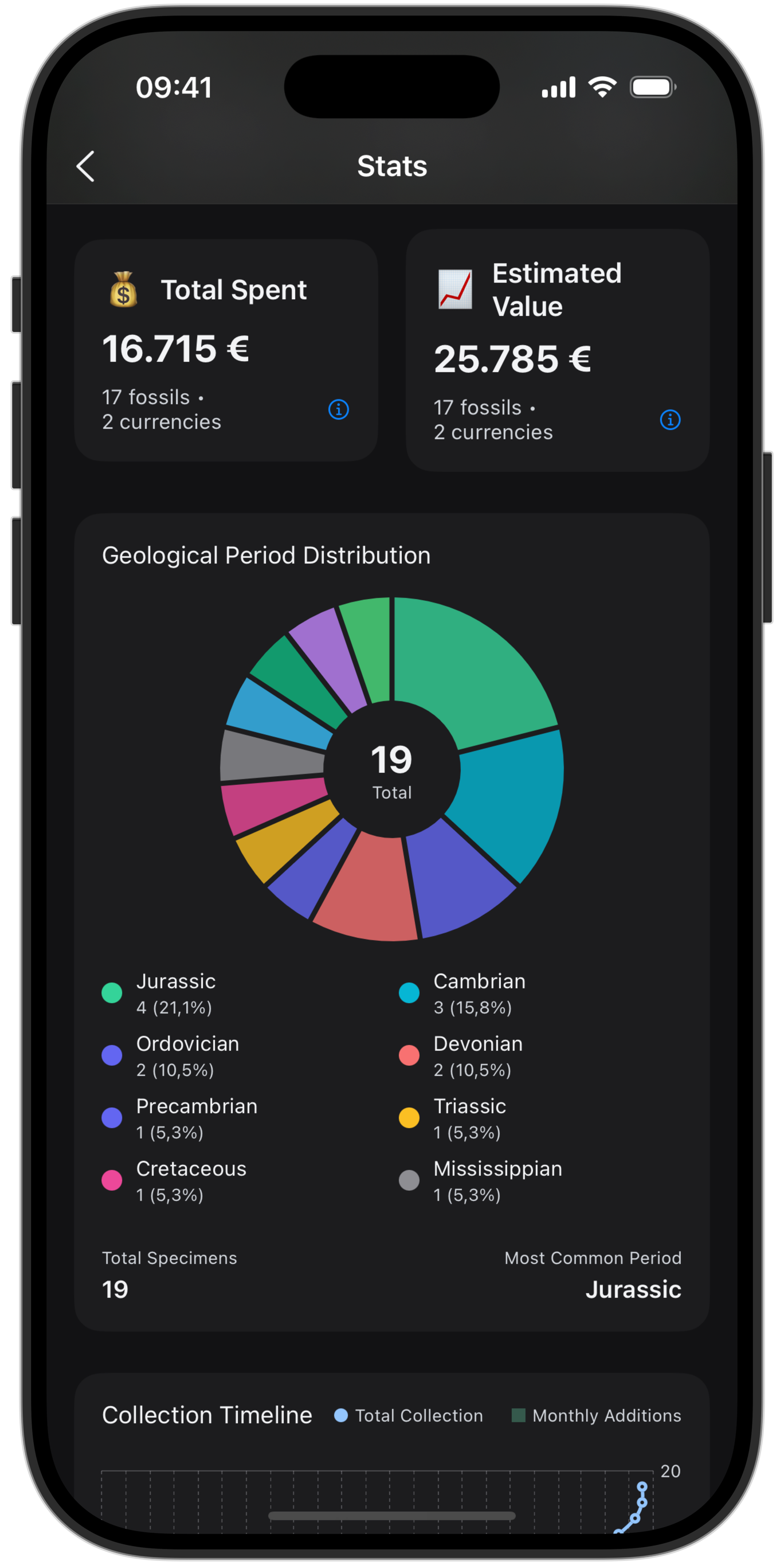 Fossil Vault app statistics screen showing collection analytics