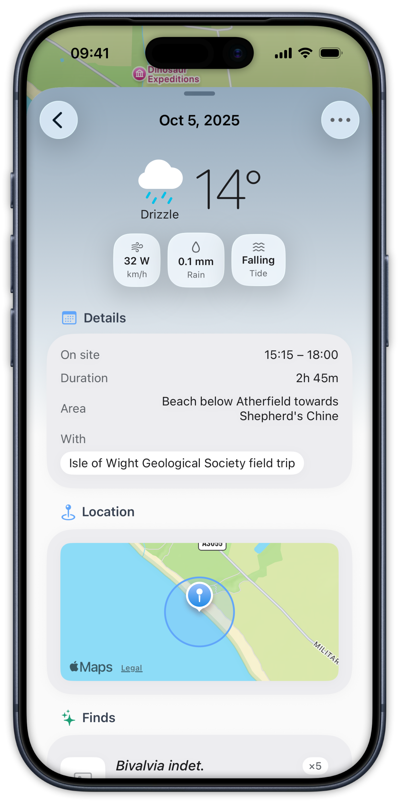 Visit — auto weather, rain and tide, duration, location, and finds