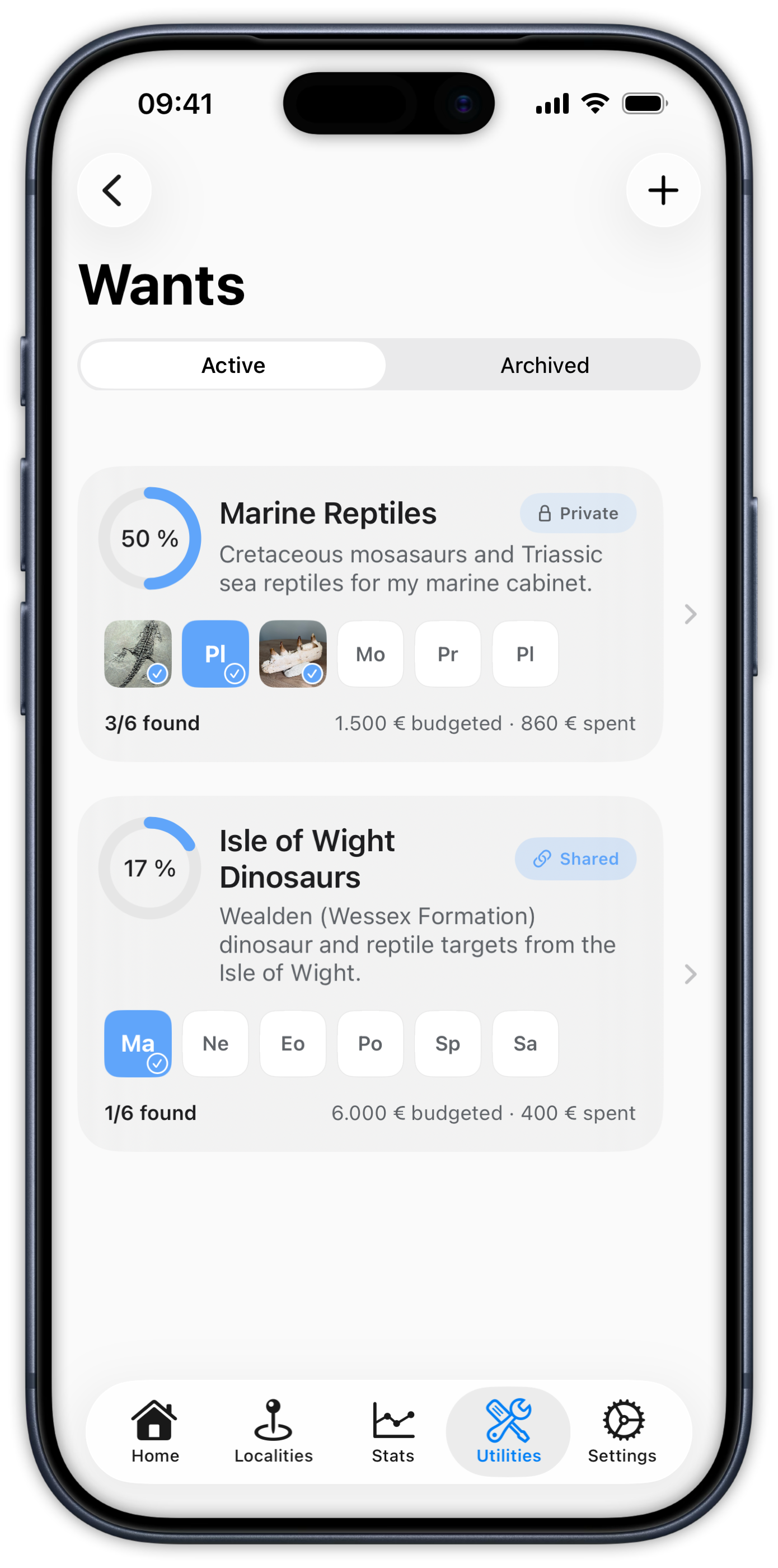 Wants — want lists with progress, budgets, and shared status